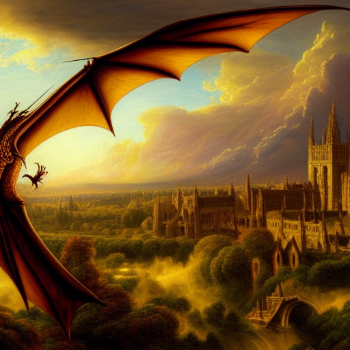 Stable Diffusion picture. Prompt: "A masterpiece painting of a dragon over Oxford in the style of Roberto Rossi, Zack Snyder and Thomas Cole. Warm Light"