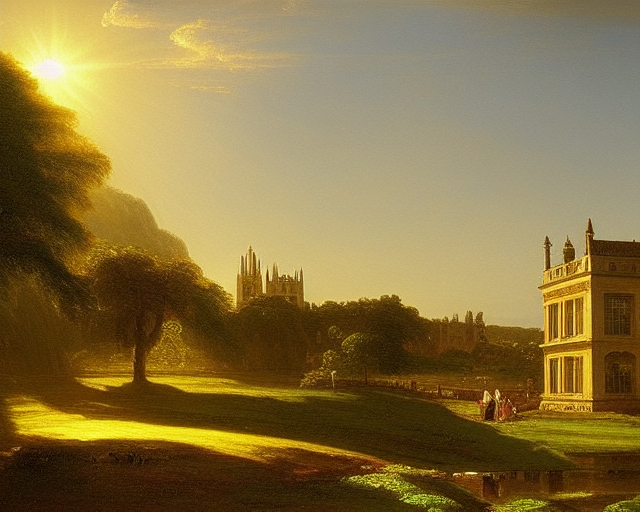 Stable Diffusion rendering prompted by "A masterpiece painting of Oxford by Thomas Cole. Warm light"