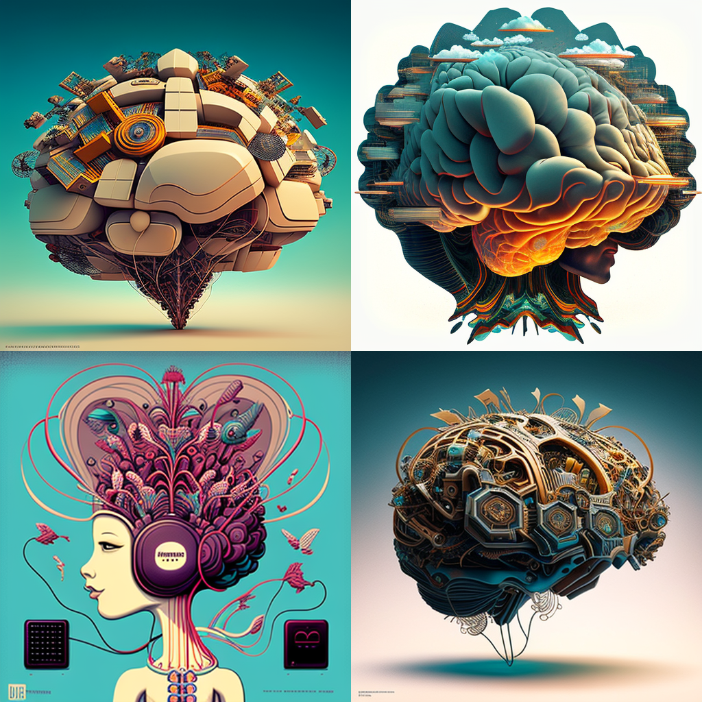 Four images depicting ‘Hivemind Brain-Computer Interfaces’, as imagined by the AI art generator Midjourney.