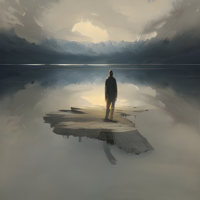 Stable diffusion image, prompt: "Reflective equilibrium in a turbulent lake. Painting by Greg Rutkowski"