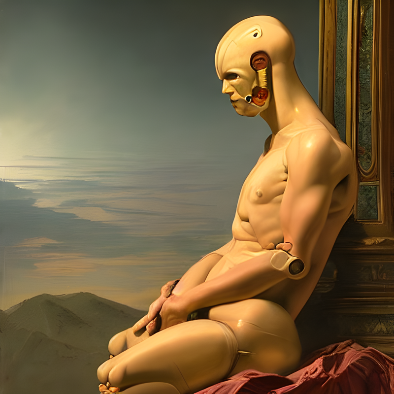 Stable Diffusion image. Prompt: "Robot philosopher. Painting by Roberto Ferri, Zach Snyder, and Thomas Cole. Detailed."
