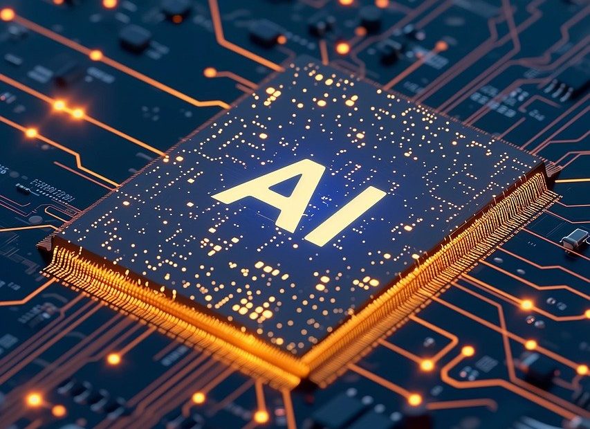 AI written on a computer chip, lit up with blue and yellow lights, connecting it to the computer system