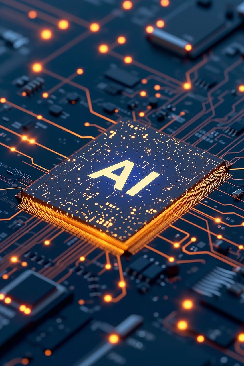 AI written on a computer chip, lit up with blue and yellow lights, connecting it to the computer system