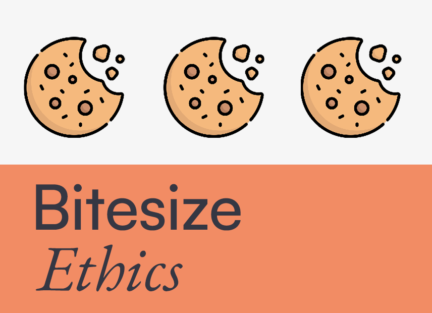 Orange and white background with half-eaten biscuits and text Bitesize ethics