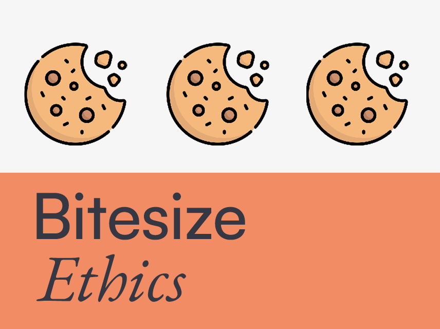 Orange and white background with half-eaten biscuits and text Bitesize ethics